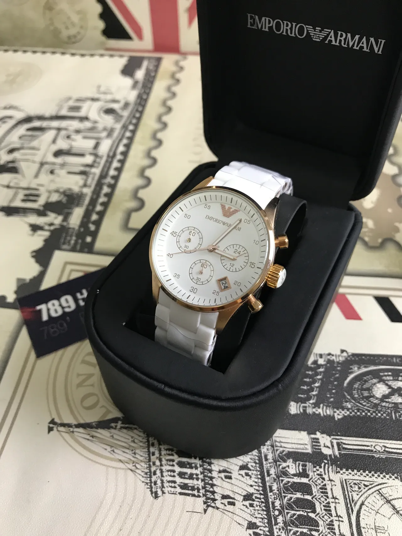 Emporio Armani Montre Chronographe Classique Bracelet Céramique Blanc Or Doré Quartz 8
