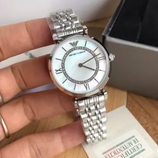 Emporio Armani Classic Silver White Round Case Mother-of-Pearl Dial Quartz Watch