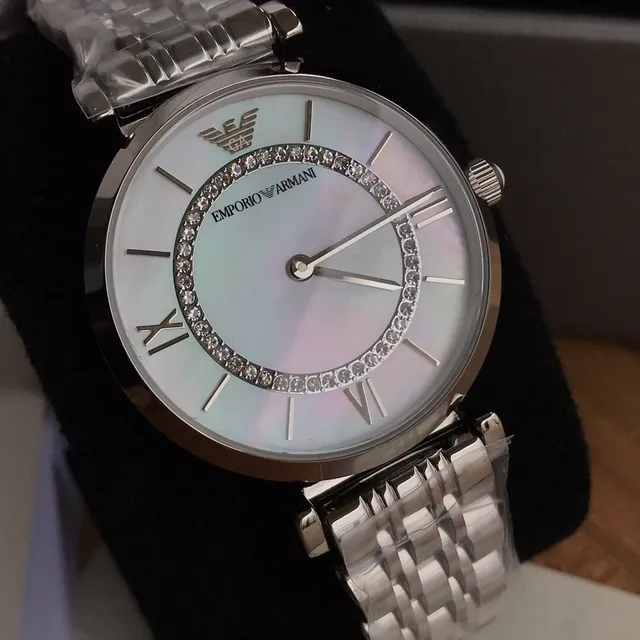 Emporio Armani Classic Argent Blanc Boîtier Rond Cadran Matière Perlière Quartz 2