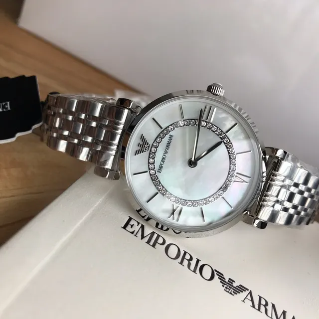 Emporio Armani Classic Argent Blanc Boîtier Rond Cadran Matière Perlière Quartz 3
