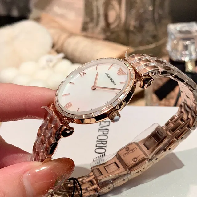 Emporio Armani Gold White Rose Metal Baguette-Cut Crystal Bezel Quartz Watch 4