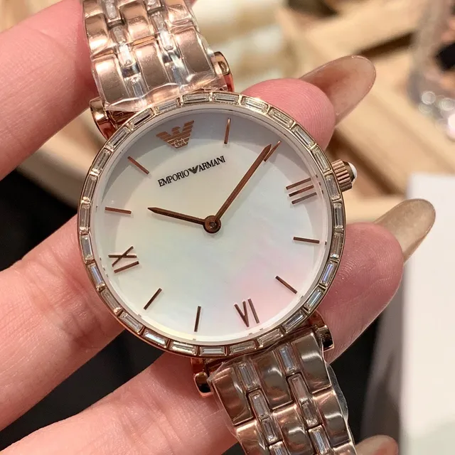 Emporio Armani Gold White Rose Metal Baguette-Cut Crystal Bezel Quartz Watch 6