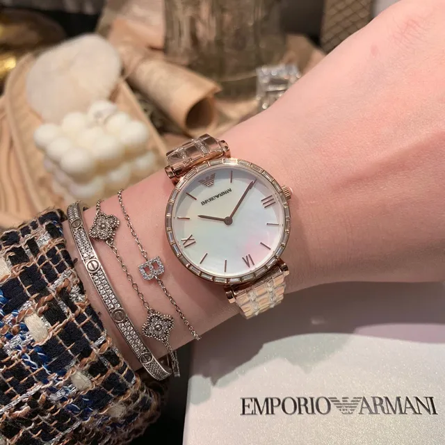 Emporio Armani Gold White Rose Metal Baguette-Cut Crystal Bezel Quartz Watch 7