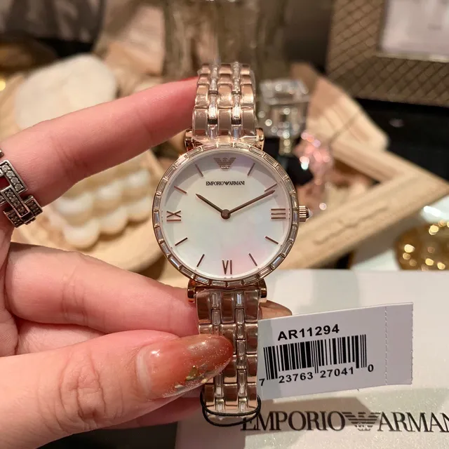 Emporio Armani Gold White Rose Metal Baguette-Cut Crystal Bezel Quartz Watch 8
