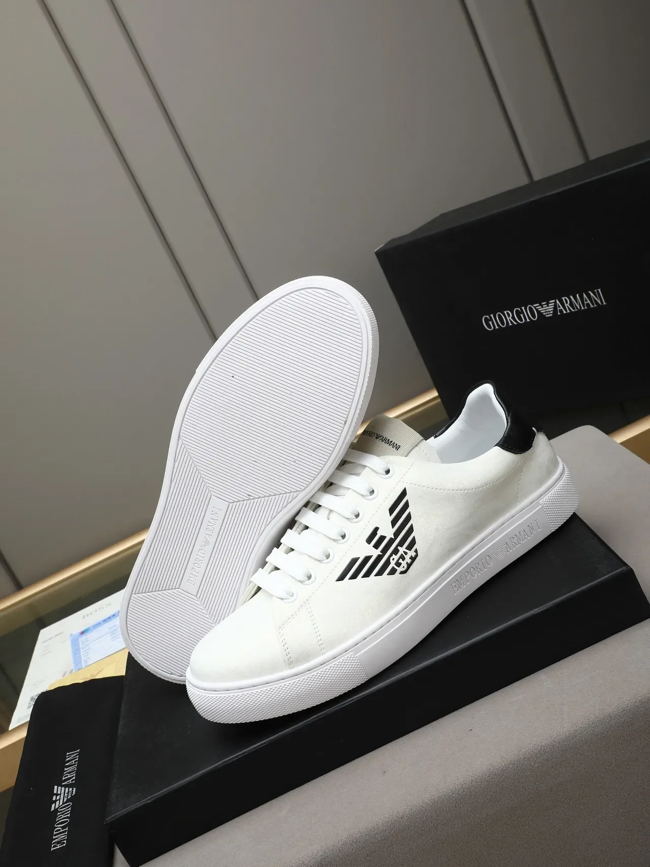 Emporio Armani White Black Low-Top Suede Upper Lifestyle Sneakers 5