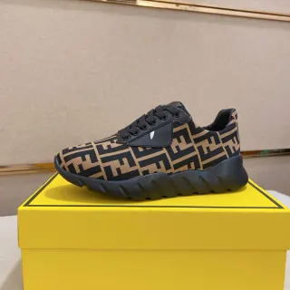 Fendi Beige Black Monogrammed Knit Upper Ridged Sole Chunky Sneakers