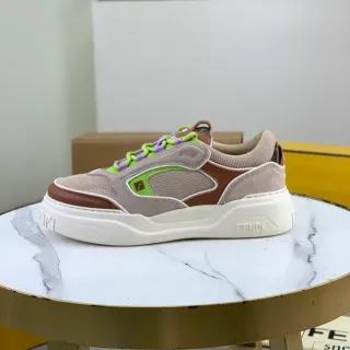 Fendi Beige Brown Multi-Panel Suede And Mesh Chunky Sculpted Sole Lifestyle Sneakers