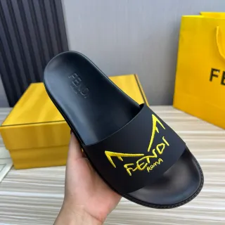 Fendi Black Yellow Molded Rubber Construction Embroidered Logo Strap Slippers