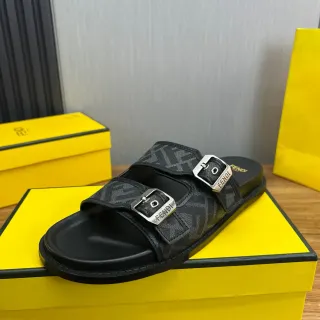 Fendi Double Buckle Slide Black FF Monogram Slippers