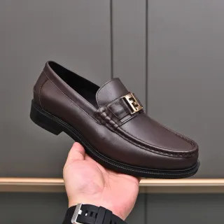 Fendi FF Loafer Brown Leather Gold Buckle Loafers