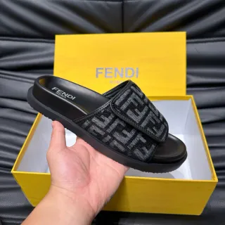 Fendi FF Slide Black and Gray Monogram Slippers