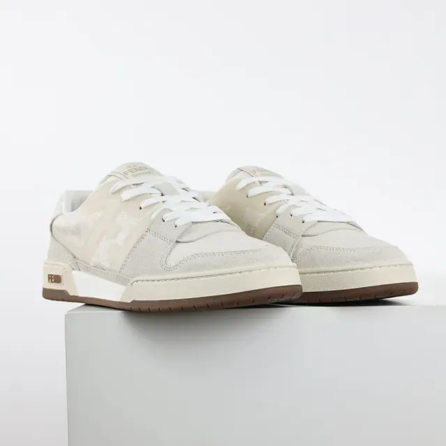 Fendi FF Sneaker Beige Brown Layered Suede And Textile Upper Embossed Monogram Lifestyle Sneakers 3