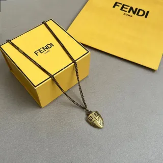 Fendi Shield Necklace Antique Brass Interlocking FF Logo Pendant Necklace