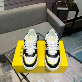 Fendi White Yellow Low-Top Platform Color-Blocked Leather Lifestyle Sneakers