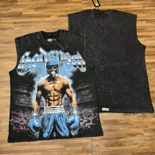 Acid-Wash Black Graphic Print Muscle Vest Top