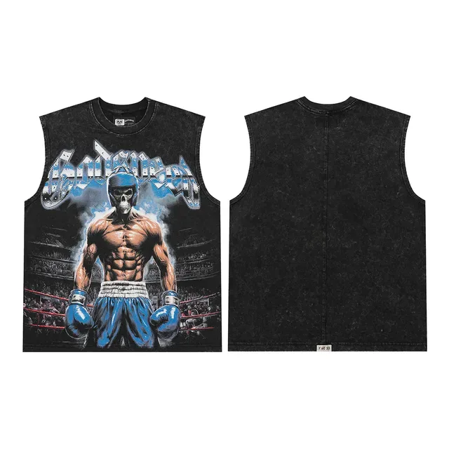 Acid-Wash Black Graphic Print Muscle Vest Top 2