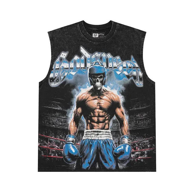 Acid-Wash Black Graphic Print Muscle Vest Top 3