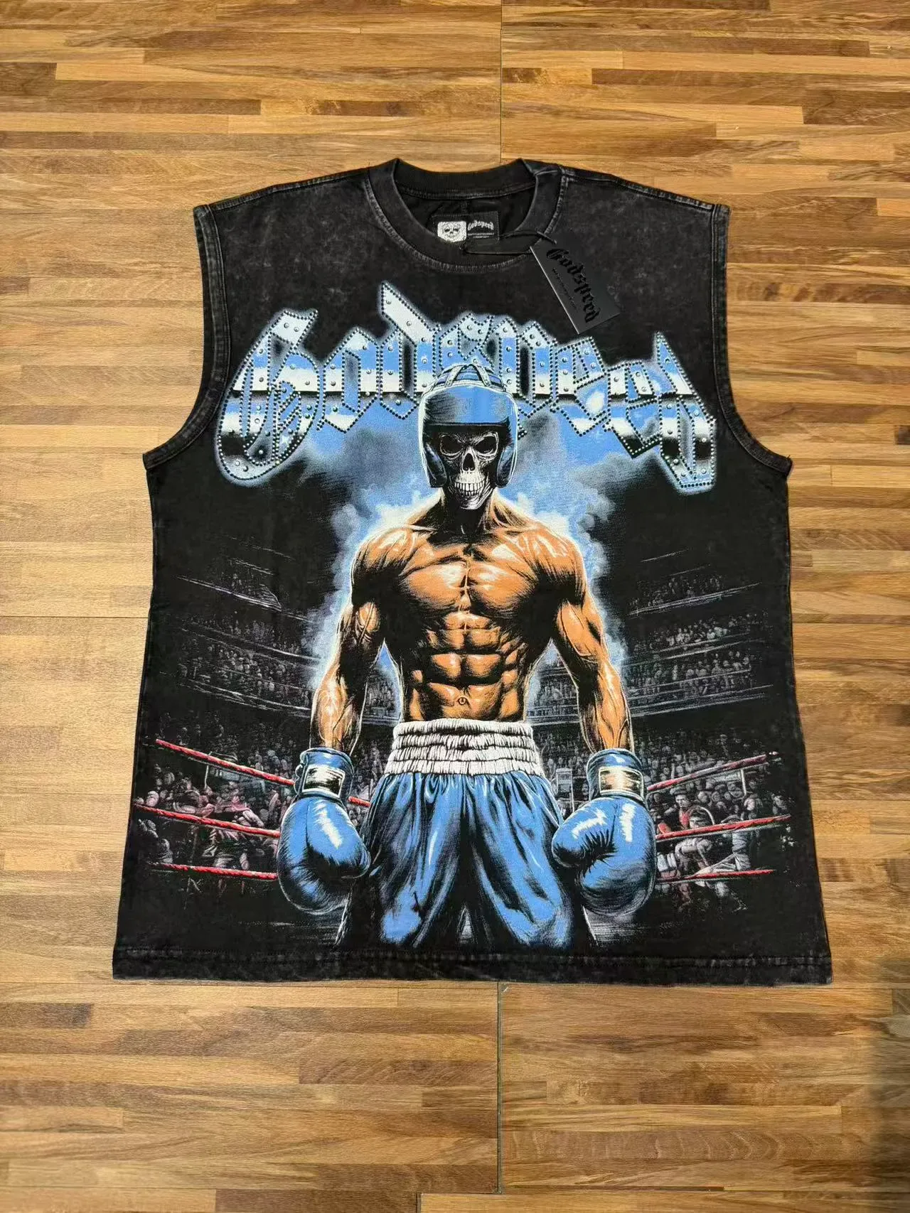 Acid-Wash Black Graphic Print Muscle Vest Top 5