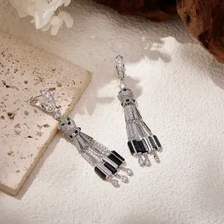 Animal-Head Motif Pavé and Baguette Stone Tassel Earrings