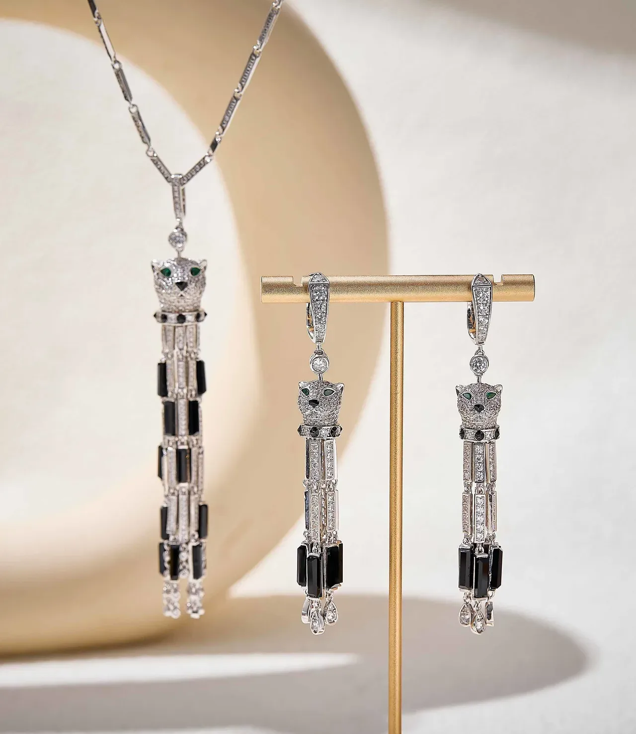 Animal-Head Motif Pavé and Baguette Stone Tassel Earrings 2