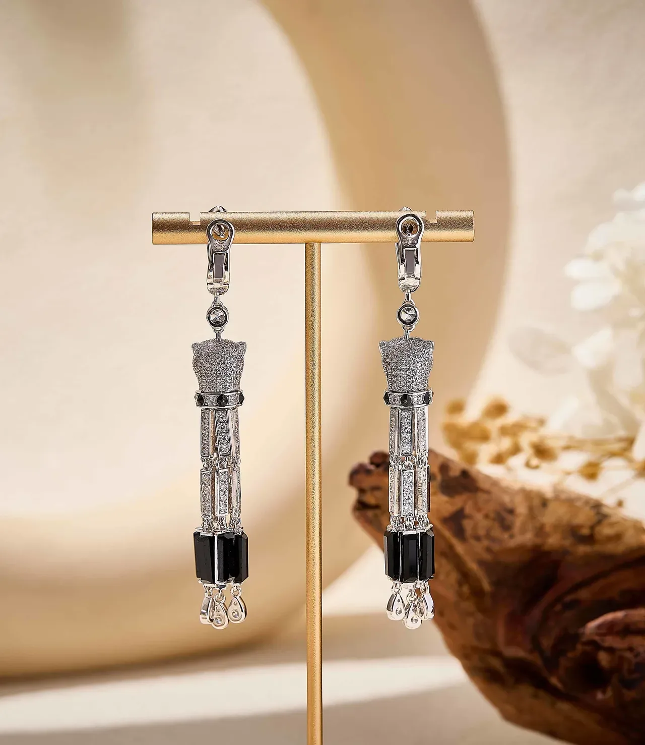 Animal-Head Motif Pavé and Baguette Stone Tassel Earrings 3