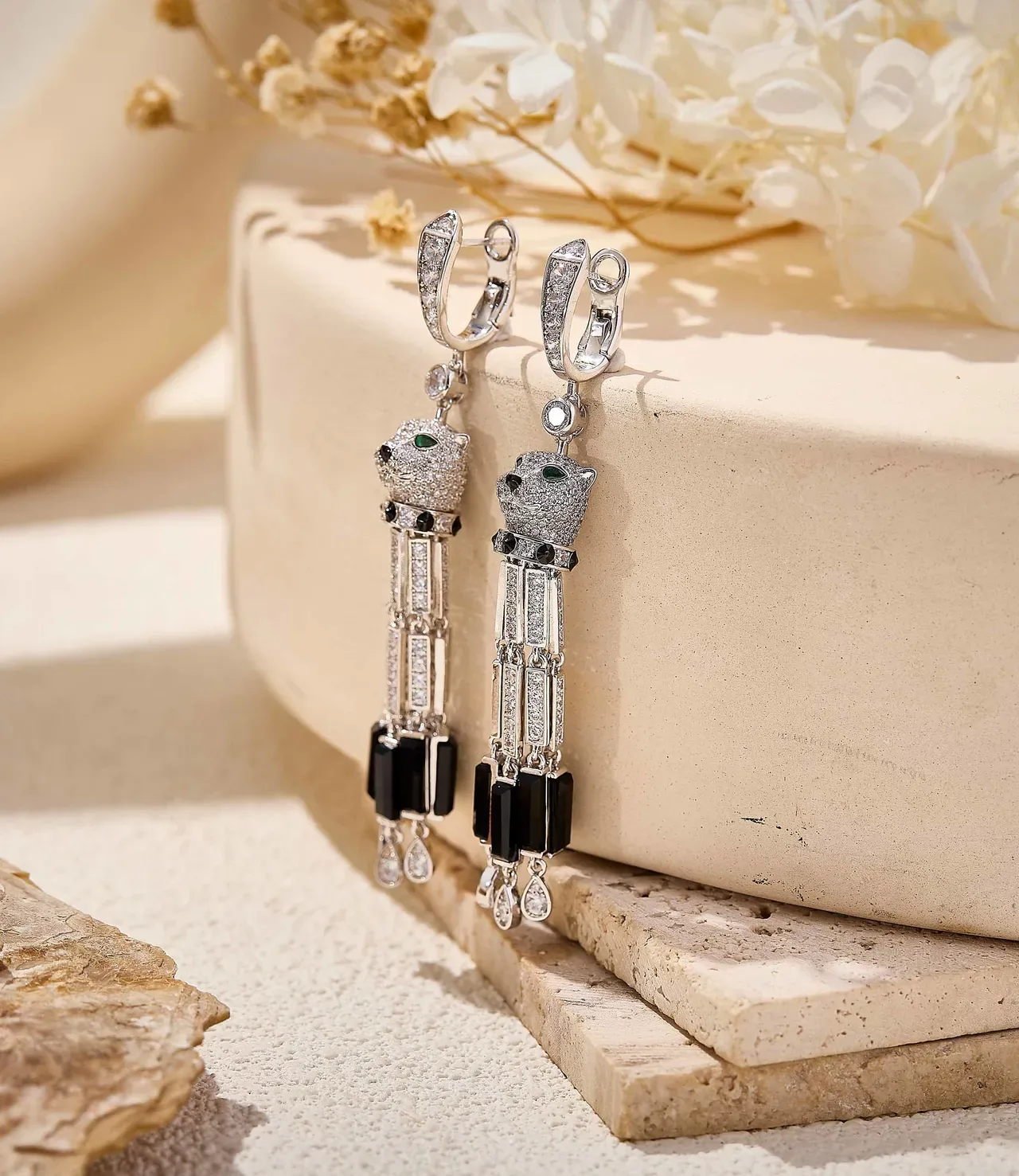 Animal-Head Motif Pavé and Baguette Stone Tassel Earrings 4
