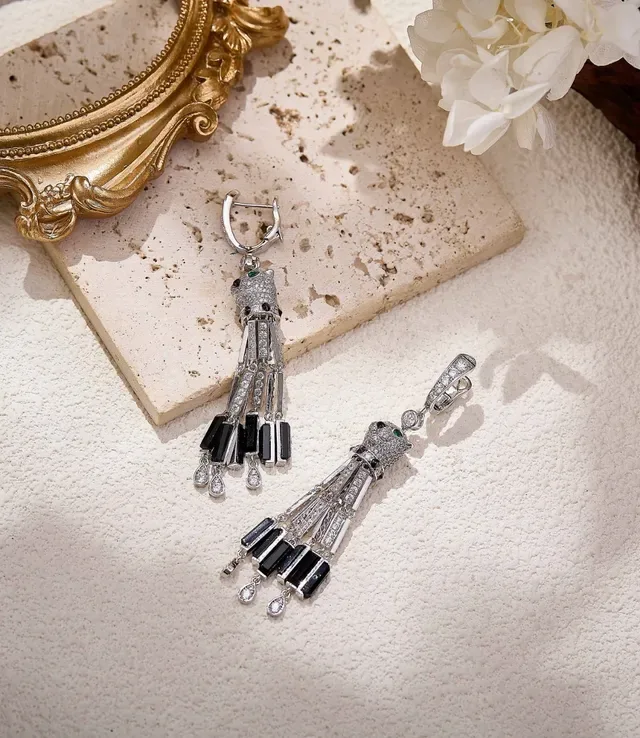 Animal-Head Motif Pavé and Baguette Stone Tassel Earrings 5