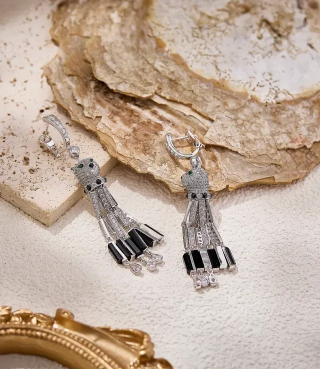 Animal-Head Motif Pavé and Baguette Stone Tassel Earrings 6