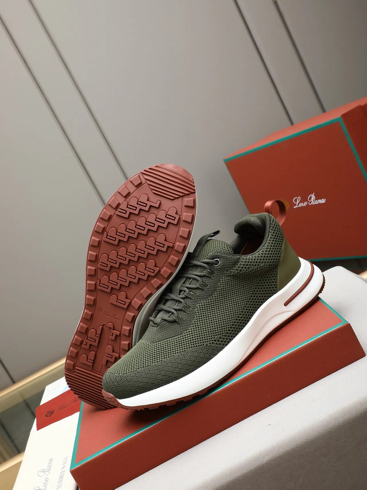 Army Green Brown Knit Upper Layered Midsole Sneakers 4