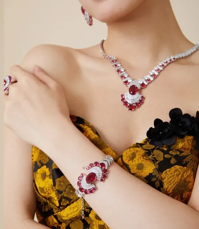 Art Deco Style Oval Ruby and Diamond Fan Motif Bracelet 2