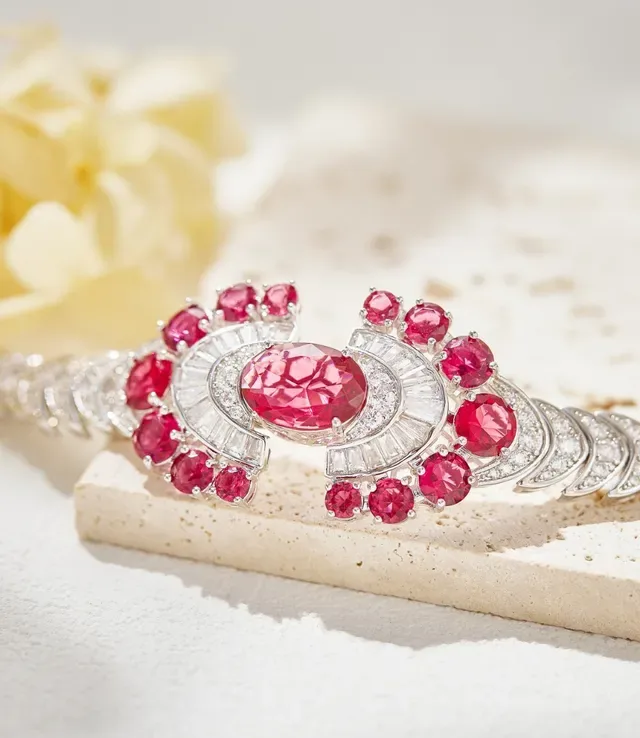 Art Deco Style Oval Ruby and Diamond Fan Motif Bracelet 3