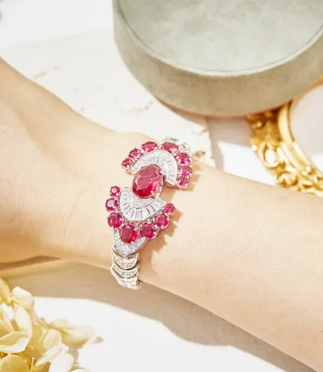 Art Deco Style Oval Ruby and Diamond Fan Motif Bracelet 6