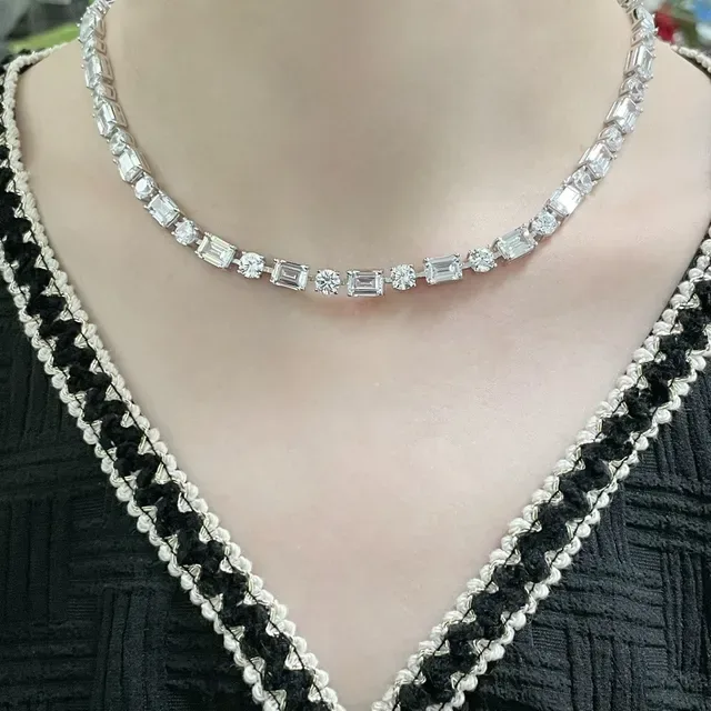 Baguette and Round Stone Alternating Linear Necklace 5