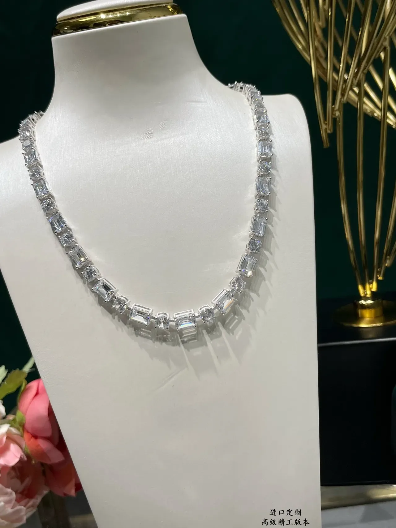 Baguette and Round Stone Alternating Linear Necklace 6