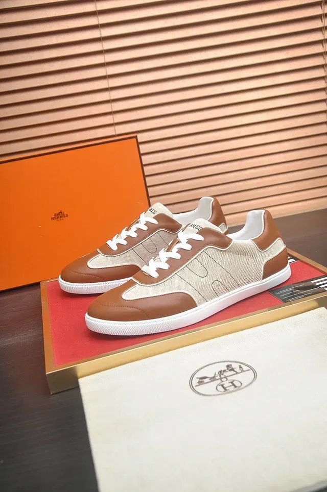 Beige and Brown Two-Tone Textile and Leather Low-Top Lifestyle Sneaker 4
