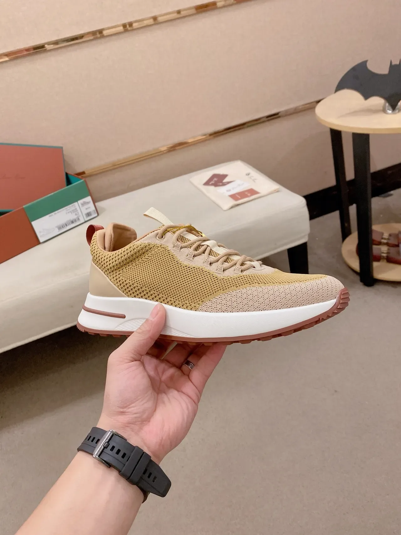 Beige and Tan Knit Low-Top Sneaker 5