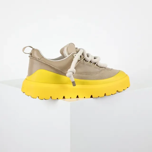 Beige and Yellow Platform Suede Sneakers 7