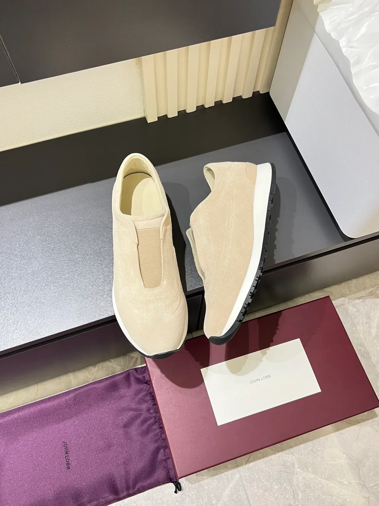 Beige Black Suede Upper Slip-On Construction Sneakers 4