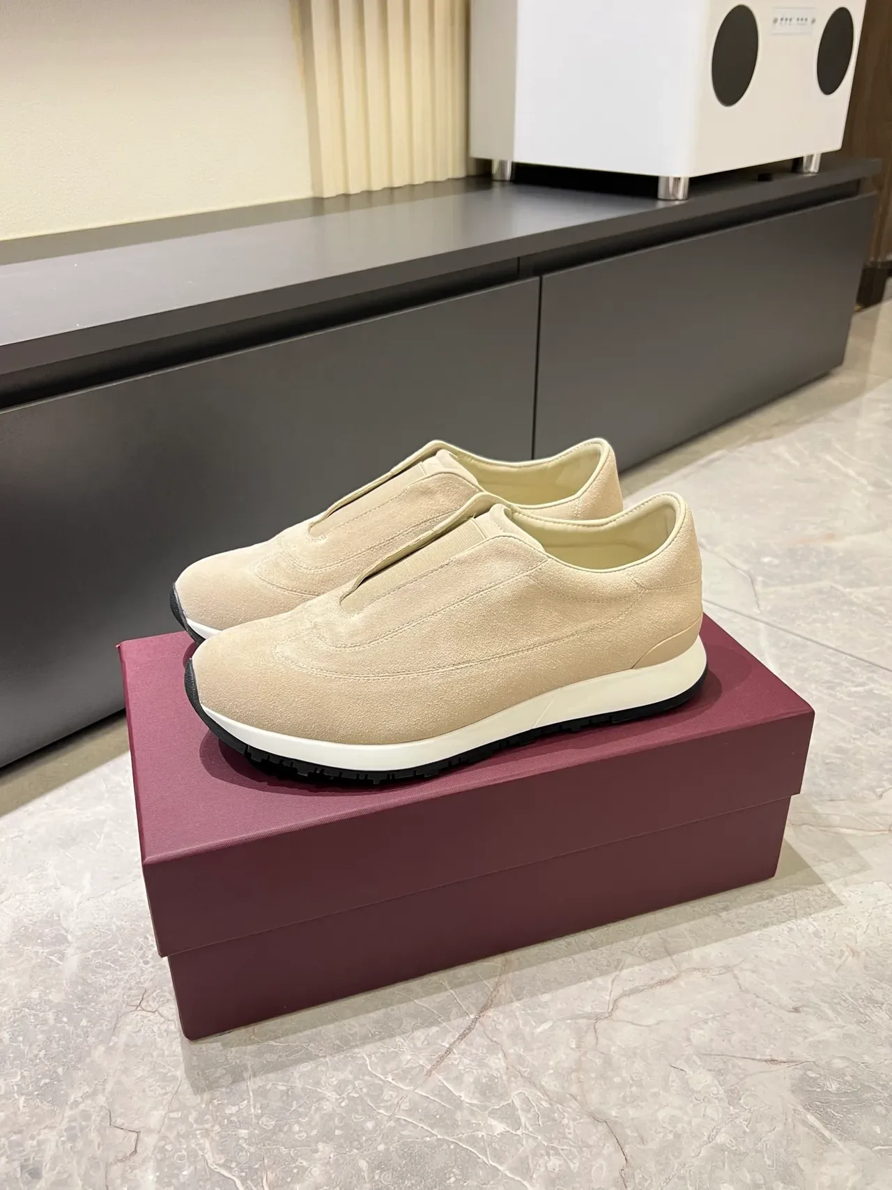 Beige Black Suede Upper Slip-On Construction Sneakers 5