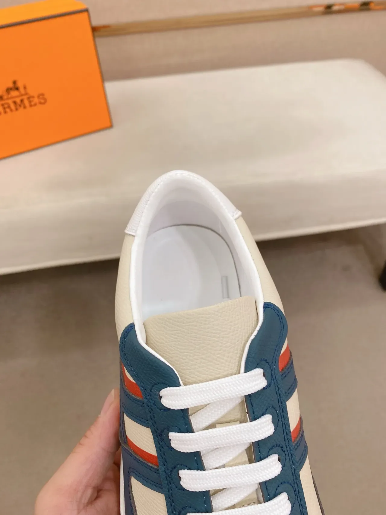 Beige Navy Low-Top Two-Tone Leather/textile Upper Sneakers 4