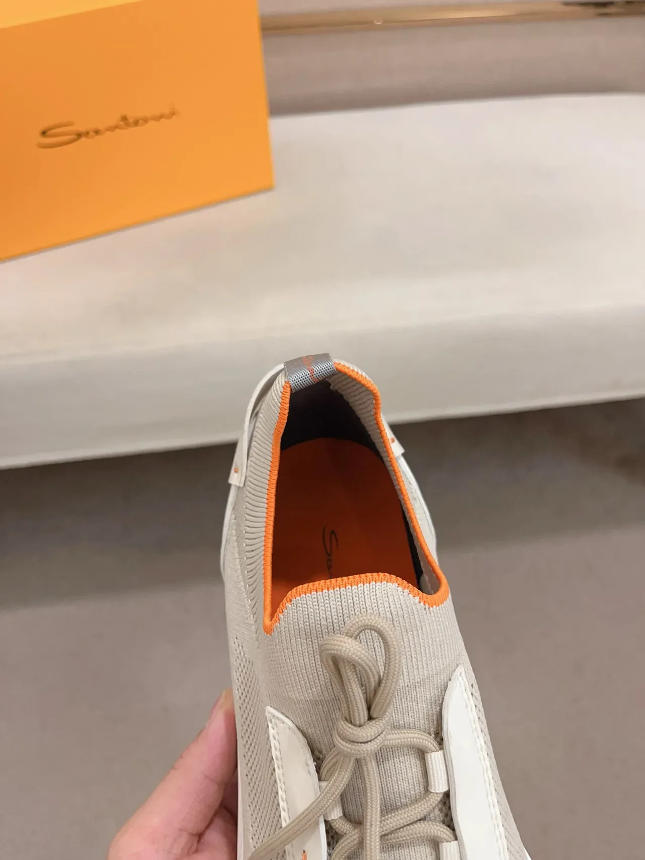 Beige Orange Knit Upper Sculpted White Midsole Sneakers 3