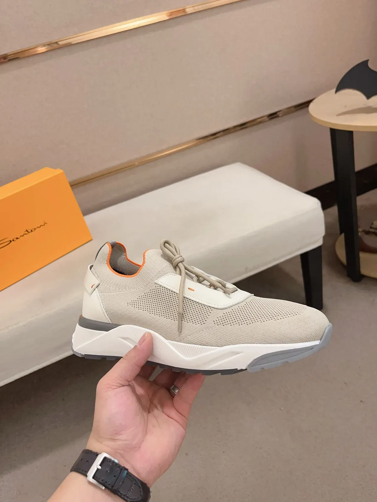 Beige Orange Knit Upper Sculpted White Midsole Sneakers 4