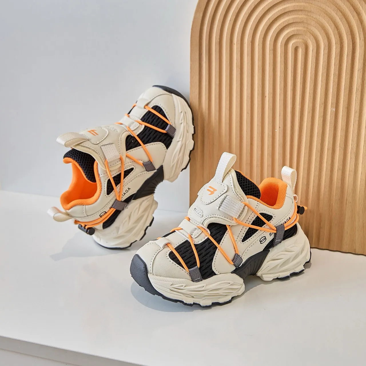 Beige Orange Sole Multi-Strap Overlay Chunky Sneakers 3