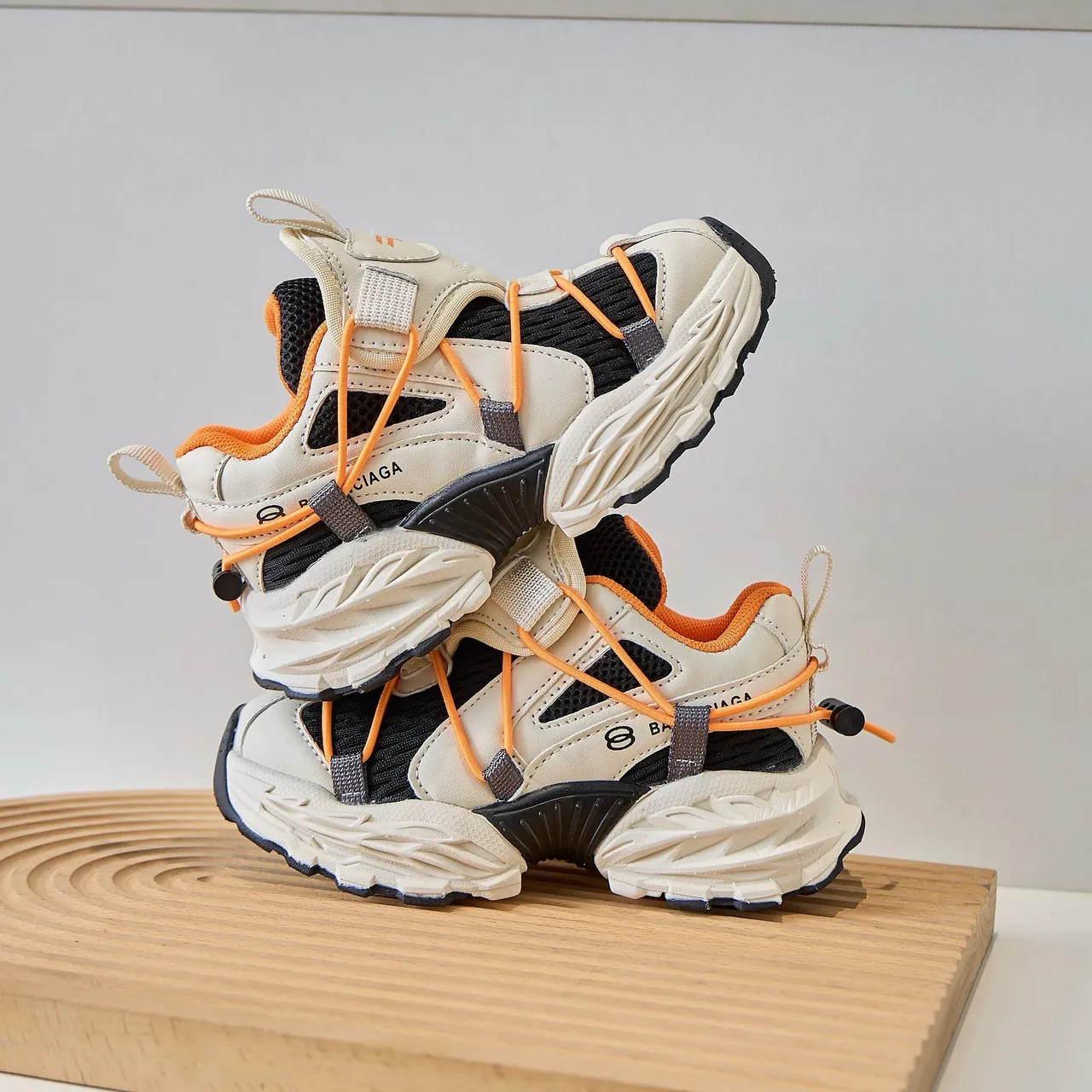 Beige Orange Sole Multi-Strap Overlay Chunky Sneakers 4
