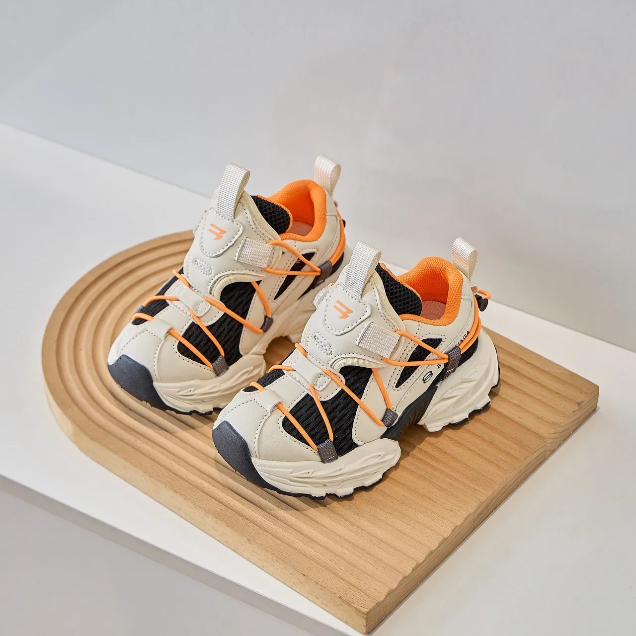 Beige Orange Sole Multi-Strap Overlay Chunky Sneakers 5