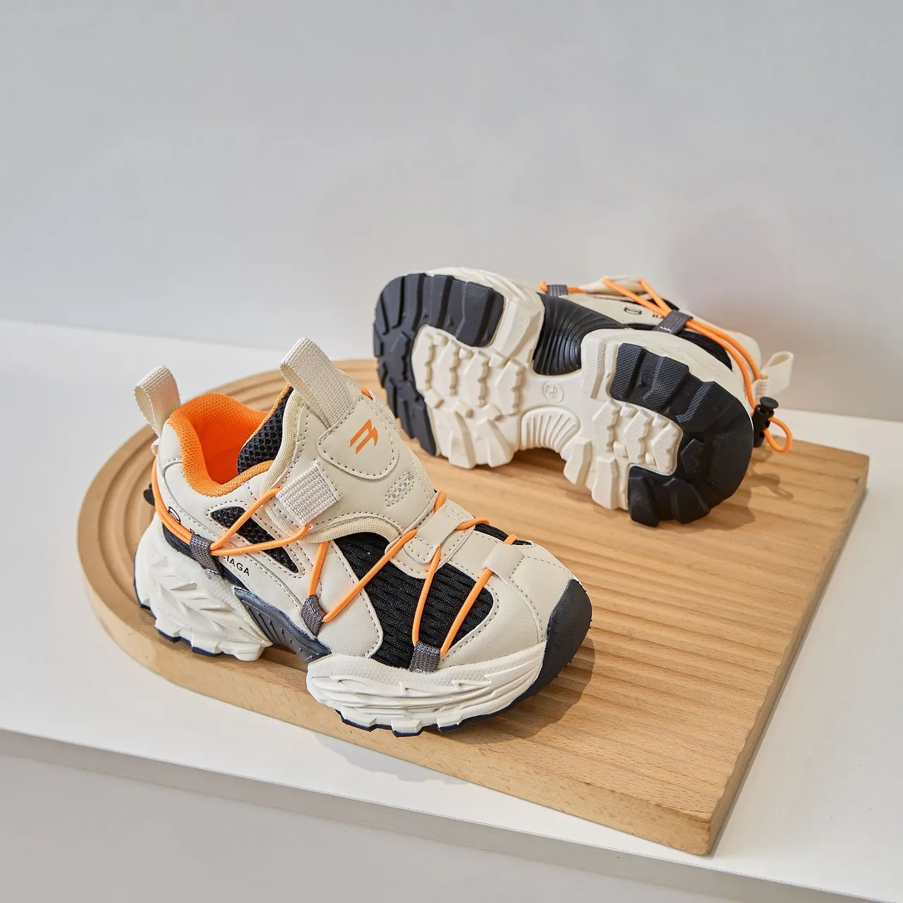 Beige Orange Sole Multi-Strap Overlay Chunky Sneakers 7