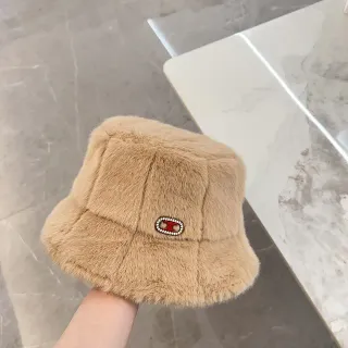 Beige Red Plush Faux Fur Quilted Panel Construction Bucket Hat