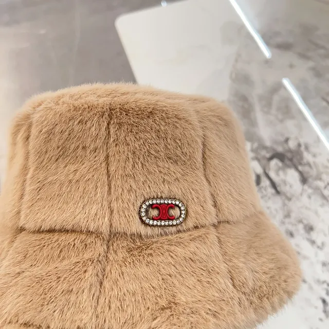 Beige Red Plush Faux Fur Quilted Panel Construction Bucket Hat 4