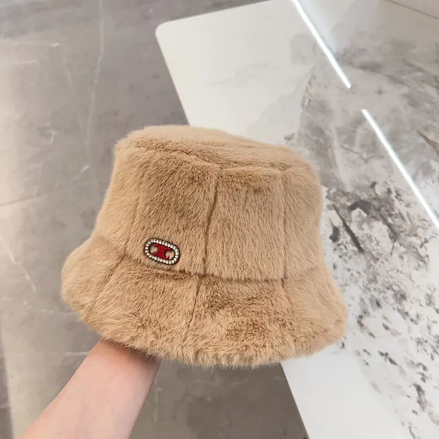 Beige Red Plush Faux Fur Quilted Panel Construction Bucket Hat 5