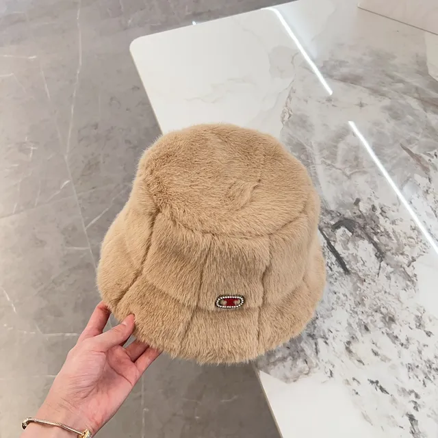 Beige Red Plush Faux Fur Quilted Panel Construction Bucket Hat 6